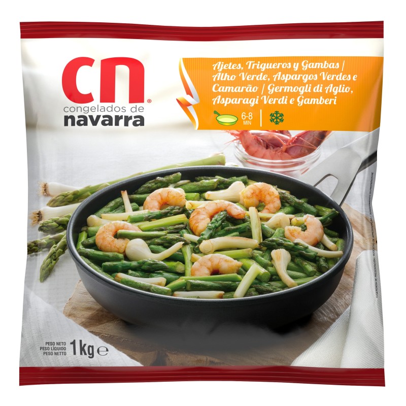 Revuelto Ajetes Espárragos Gambas